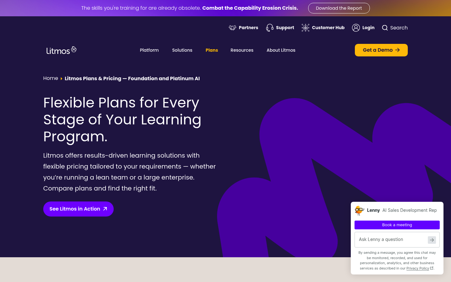 Screenshot of Litmos's pricing page showing its plans and prices