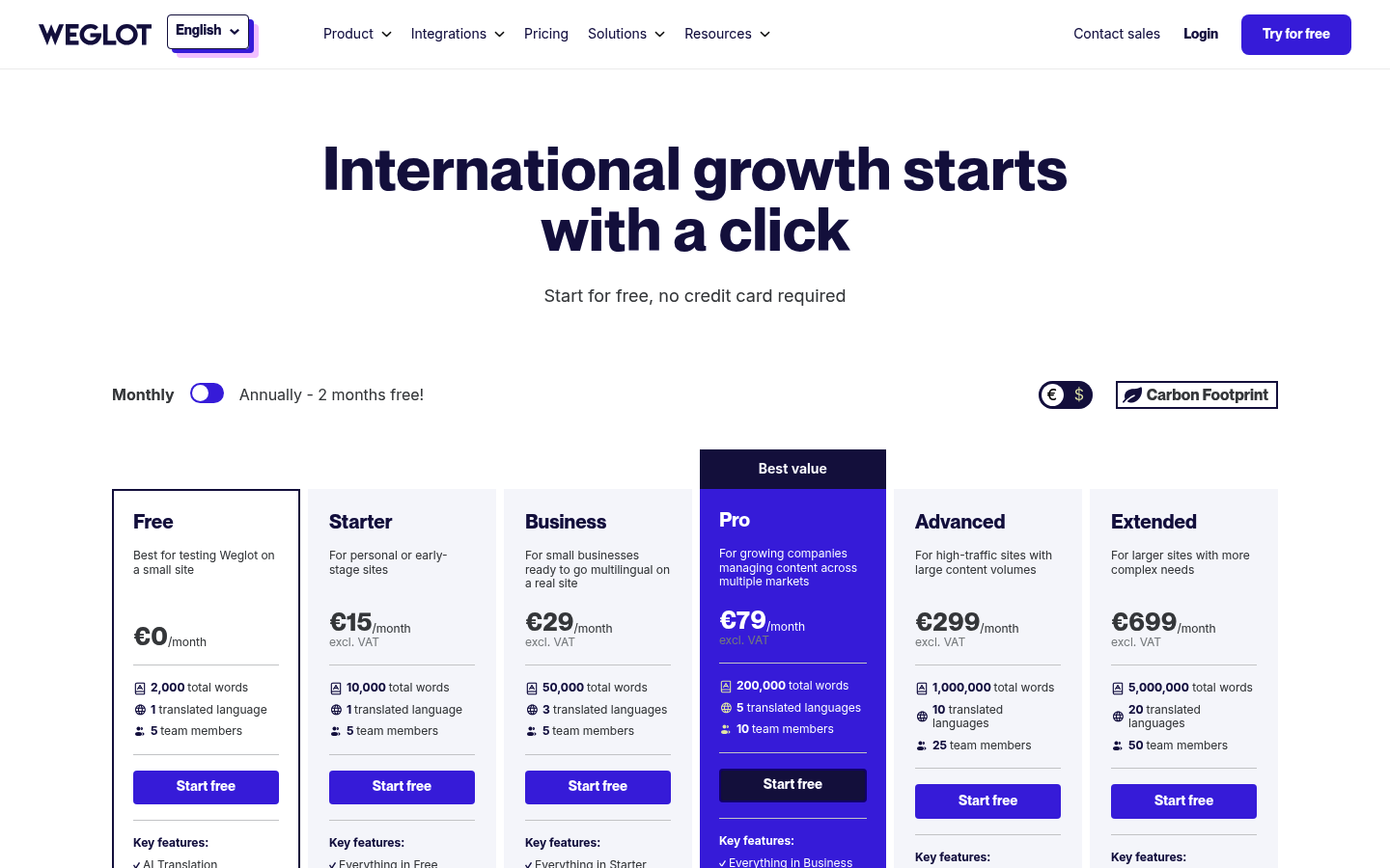 Screenshot of Weglot's pricing page showing its plans and prices