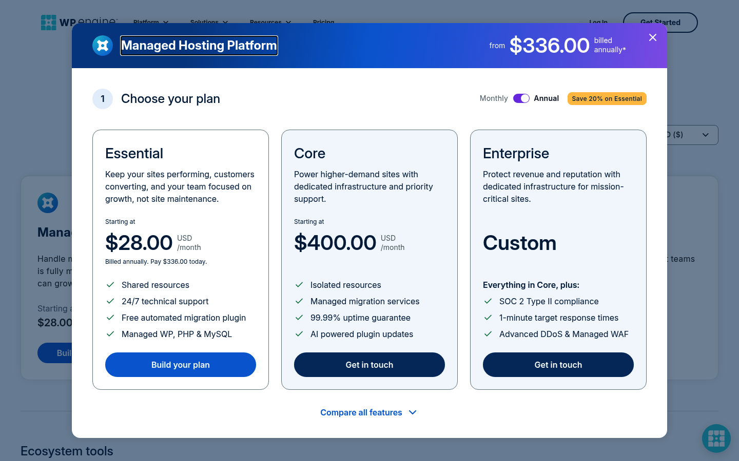 Screenshot of WP Engine's pricing page showing its plans and prices