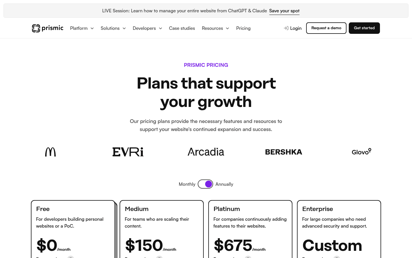 Screenshot of Prismic's pricing page showing its plans and prices