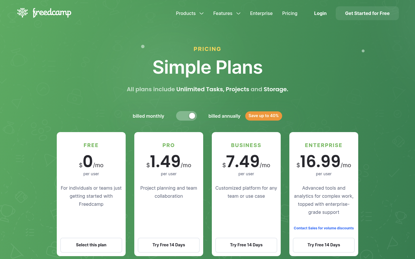 Screenshot of Freedcamp's pricing page showing its plans and prices