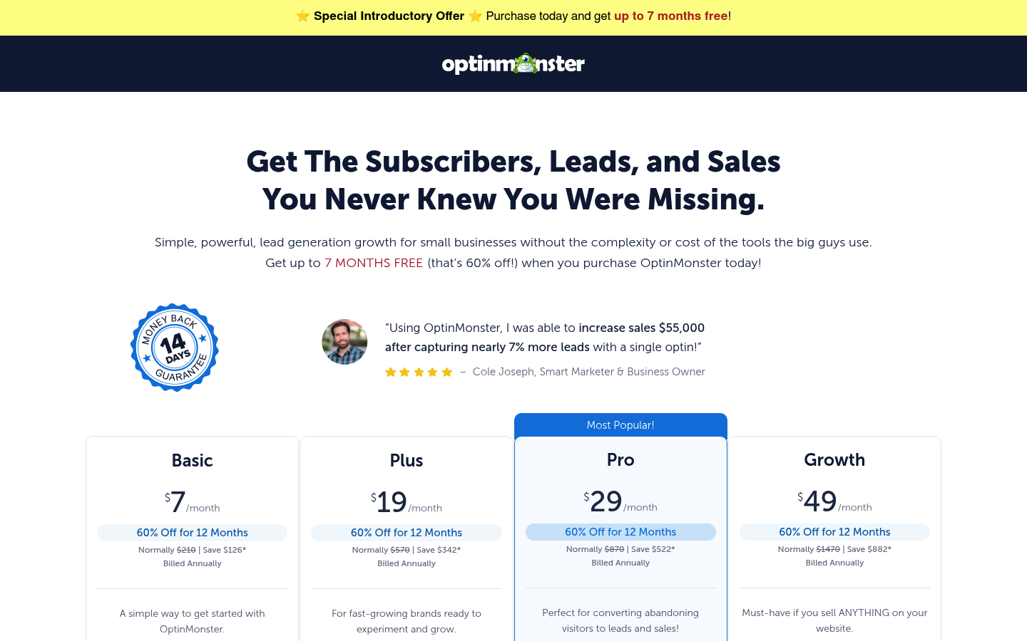 Screenshot of OptinMonster's pricing page showing its plans and prices