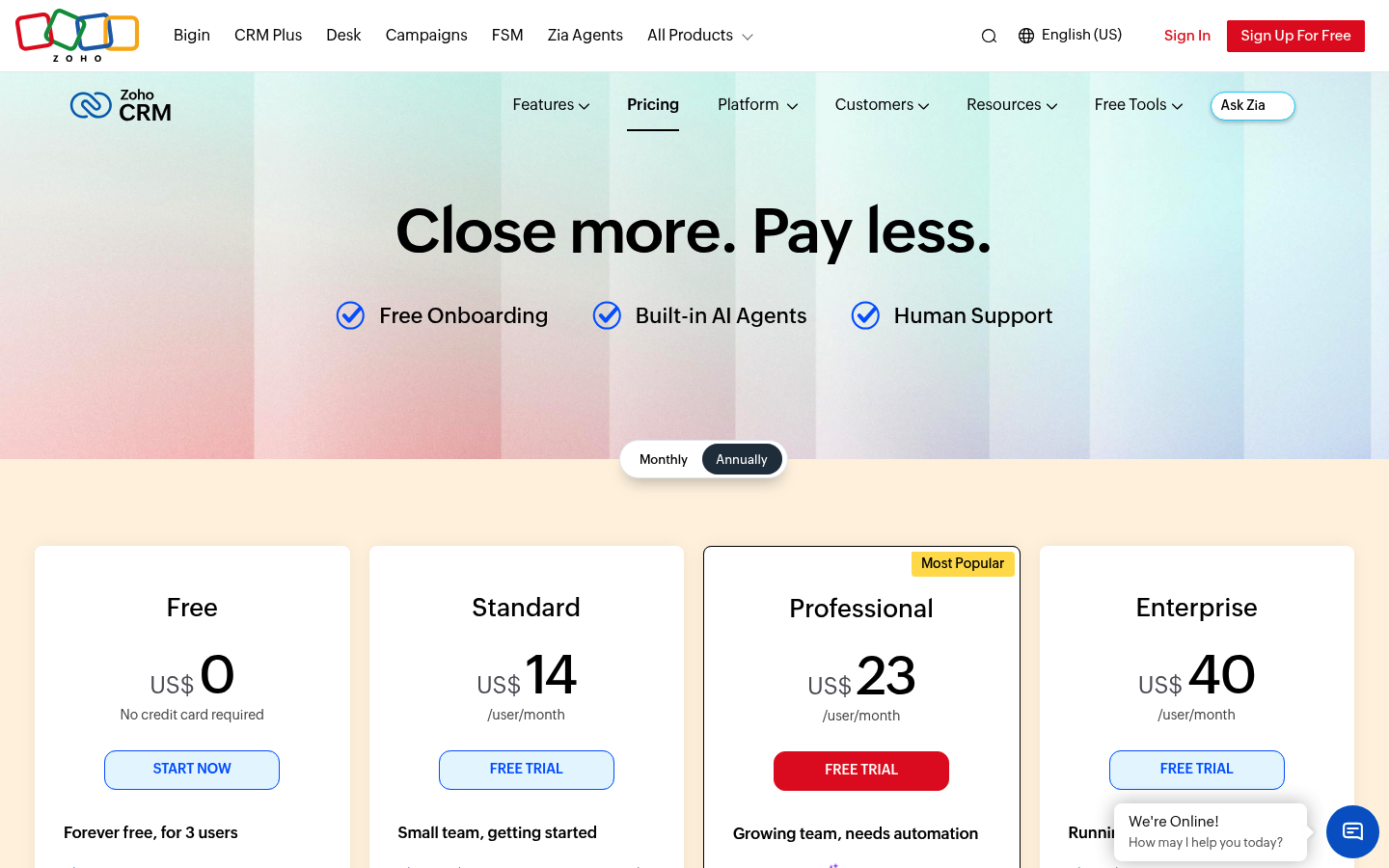 Screenshot of Zoho CRM's pricing page showing its plans and prices