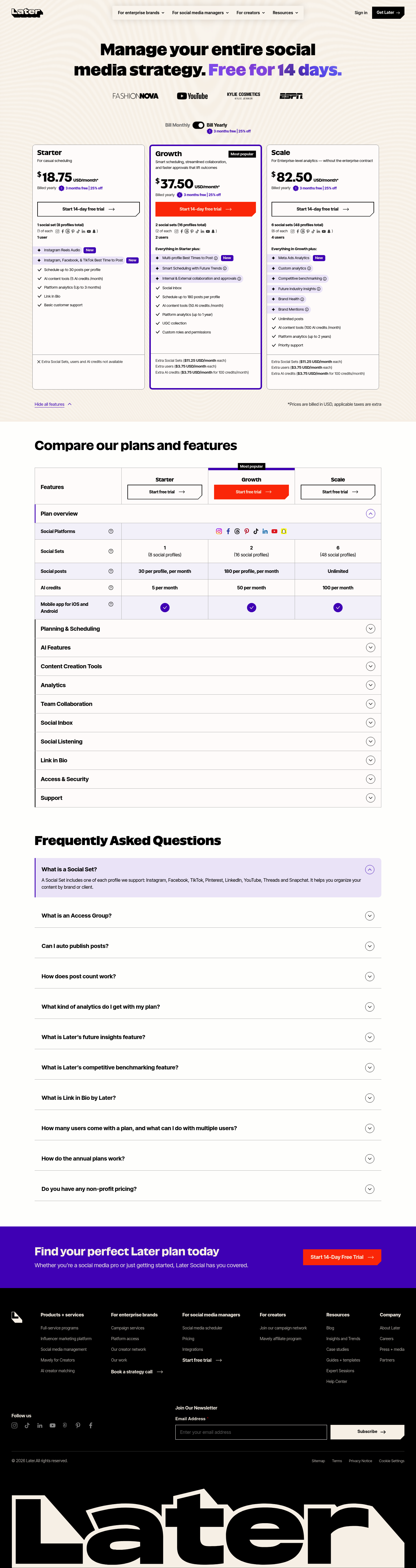 Screenshot of Later's pricing page showing its plans and prices