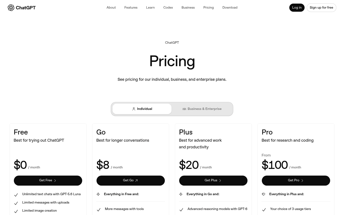 Screenshot of OpenAI's pricing page showing its plans and prices