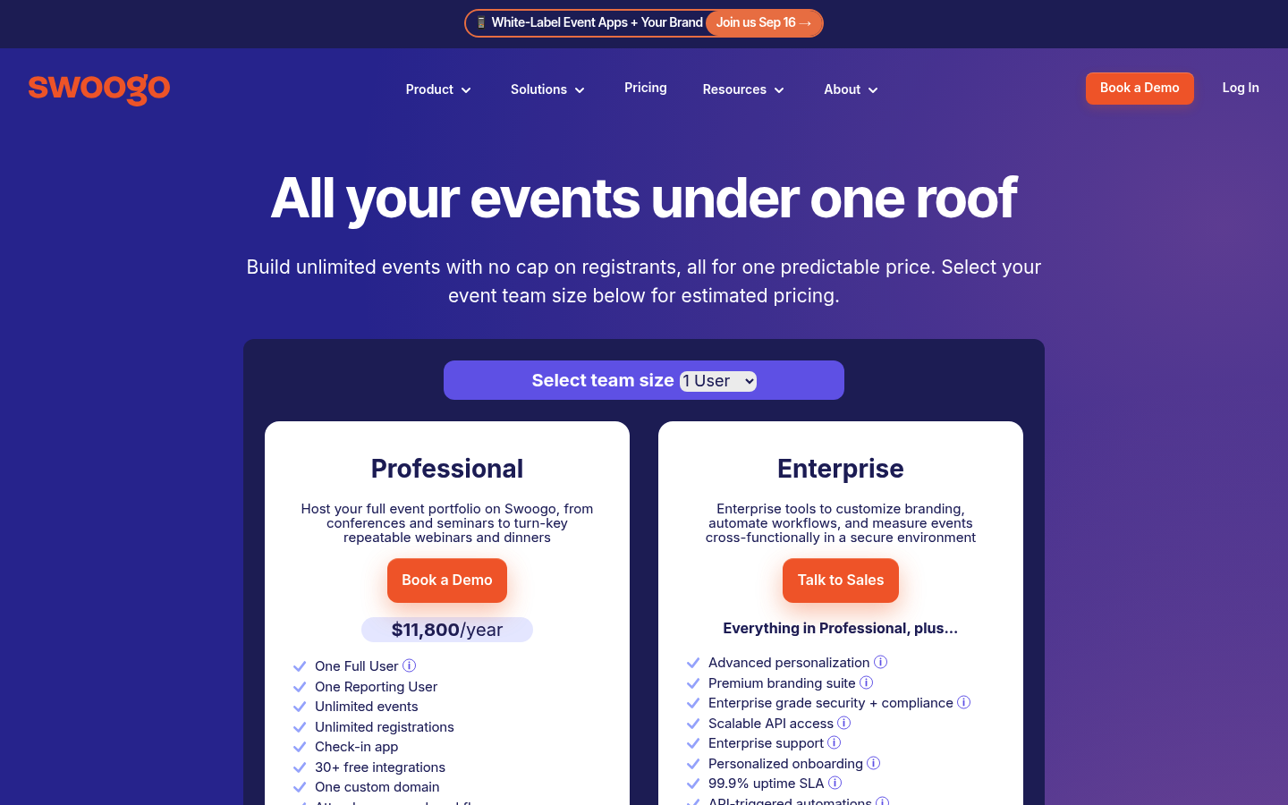 Screenshot of Swoogo's pricing page showing its plans and prices