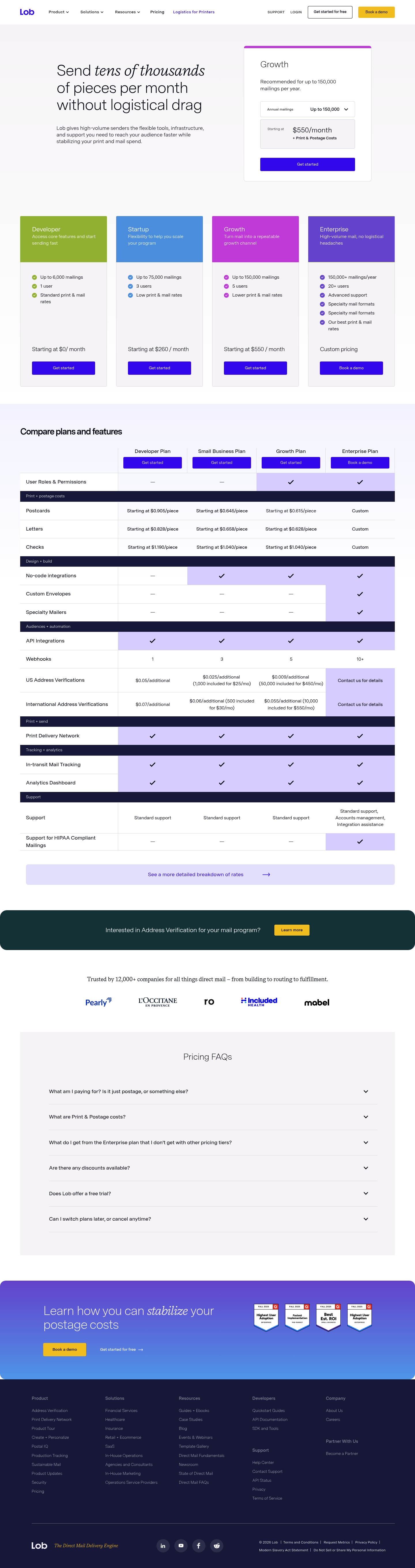 Screenshot of Lob's pricing page showing its plans and prices