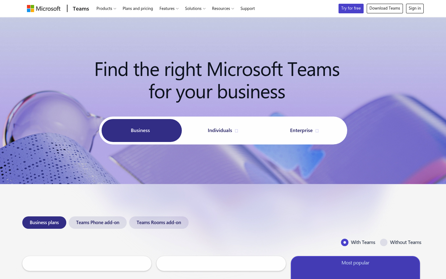Screenshot of Microsoft Teams's pricing page showing its plans and prices