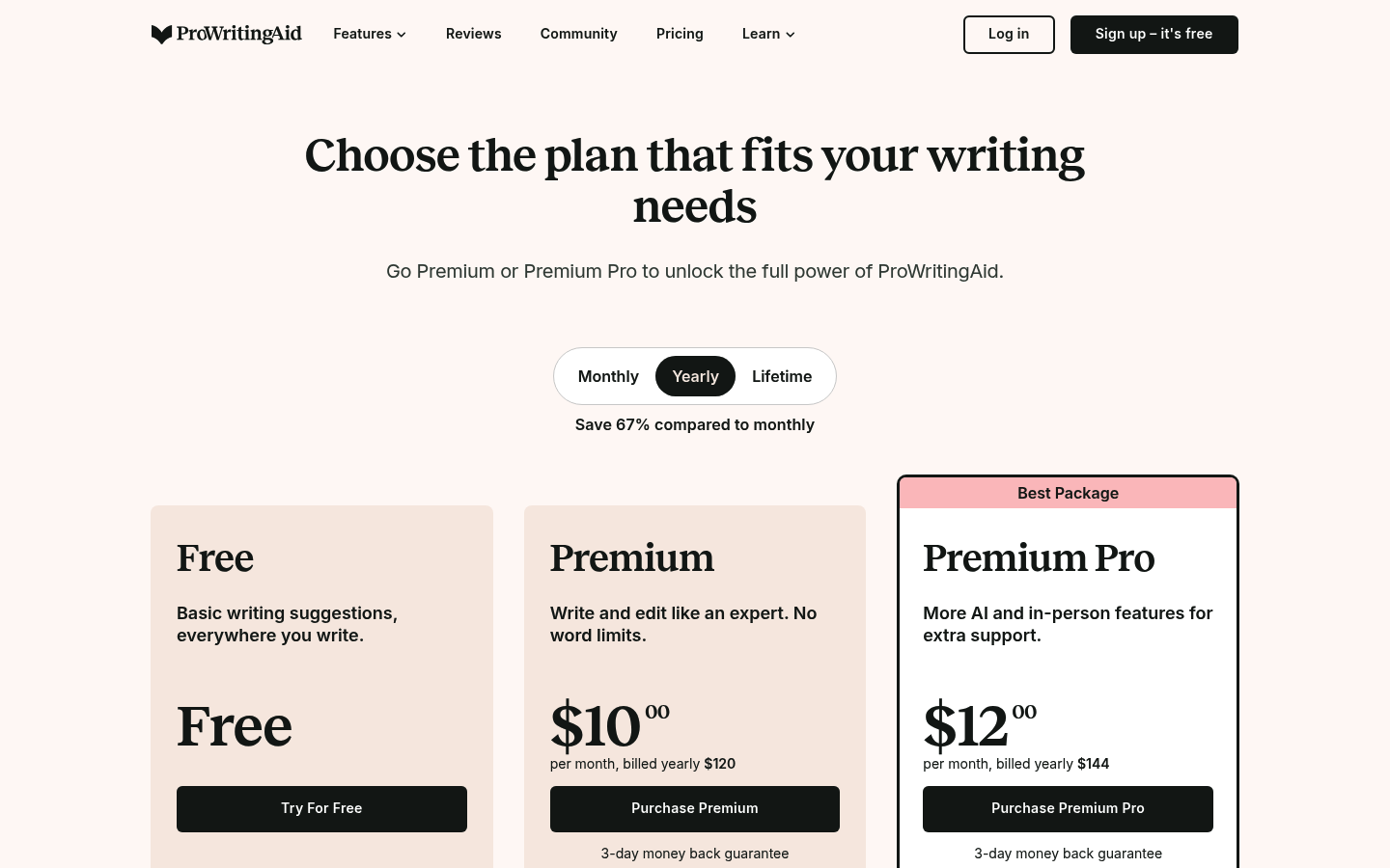 Screenshot of ProWritingAid's pricing page showing its plans and prices