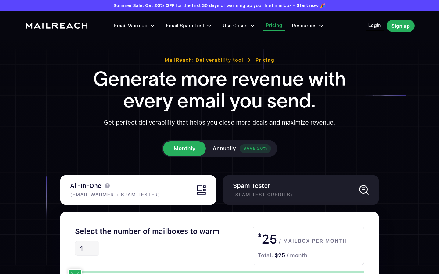 Screenshot of MailReach's pricing page showing its plans and prices