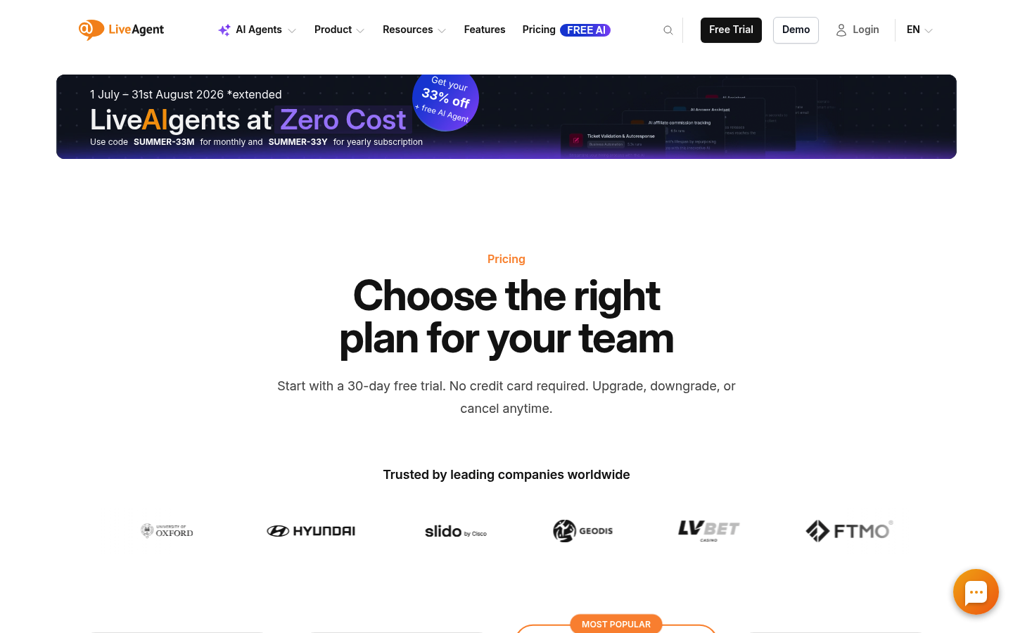 Screenshot of LiveAgent's pricing page showing its plans and prices