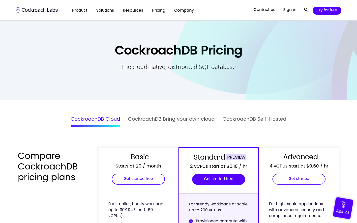 Screenshot of CockroachDB's pricing page showing its plans and prices