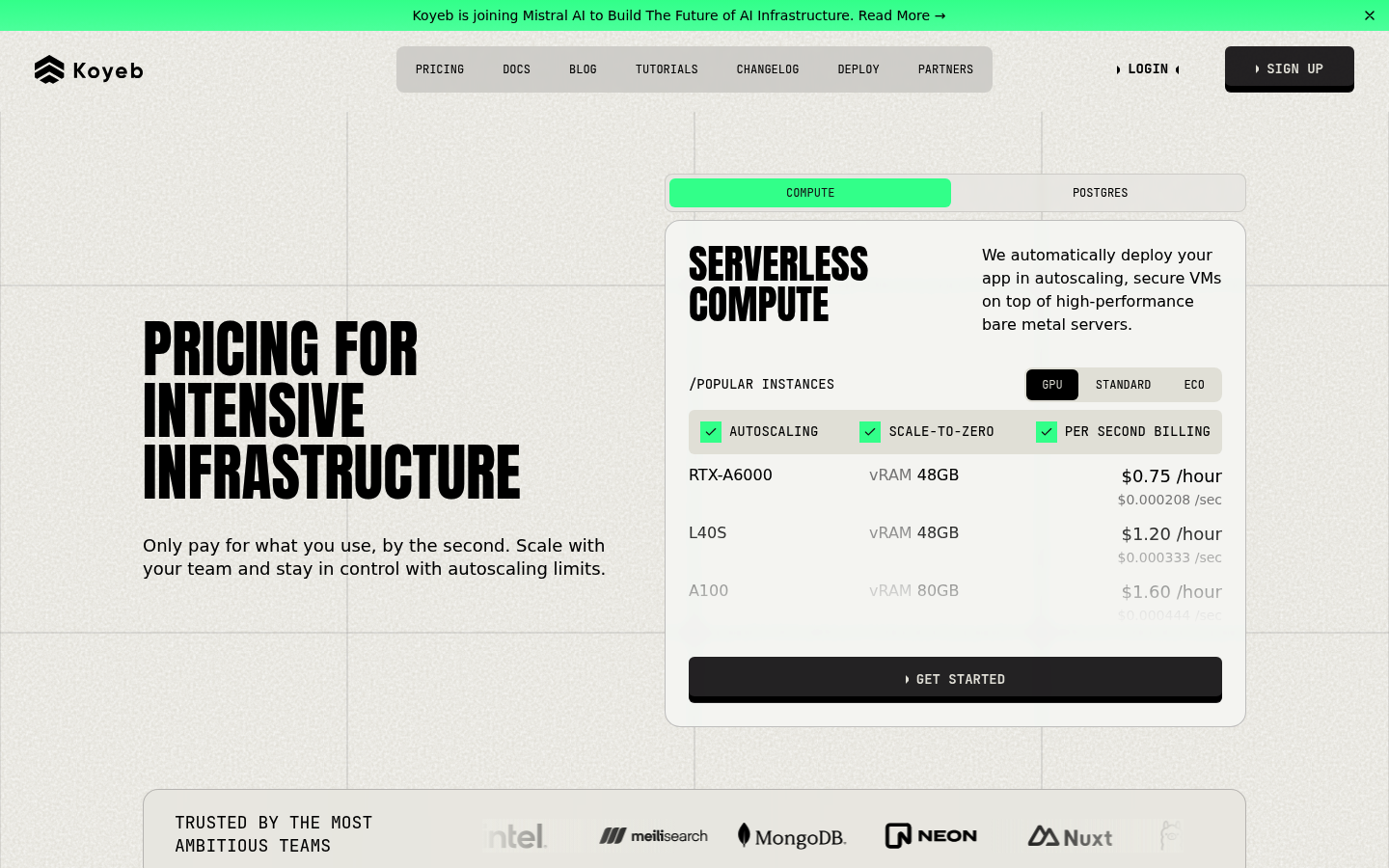 Screenshot of Koyeb's pricing page showing its plans and prices