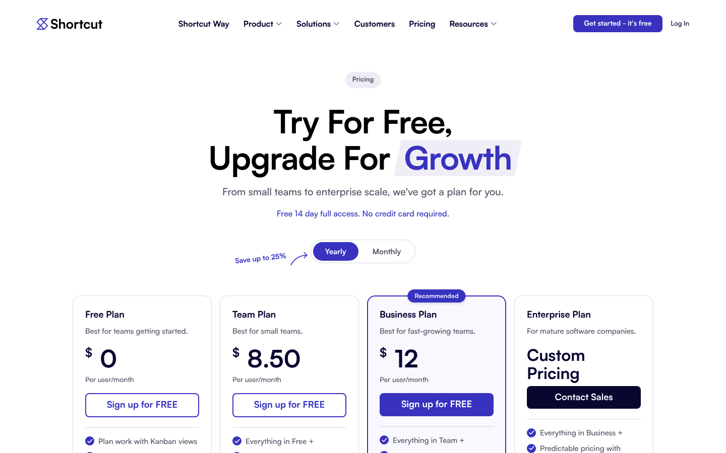 Screenshot of Shortcut's pricing page showing its plans and prices