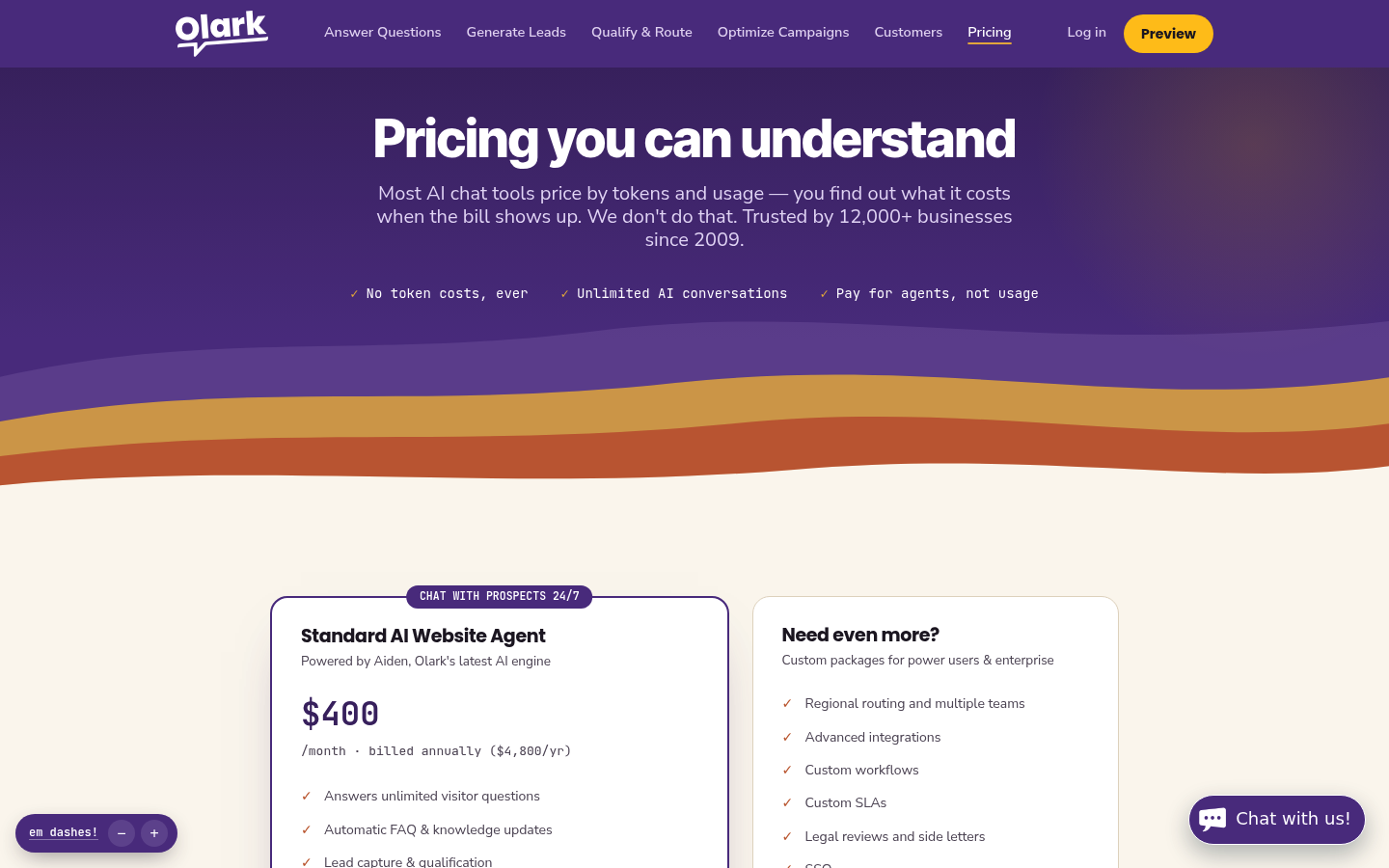 Screenshot of Olark's pricing page showing its plans and prices