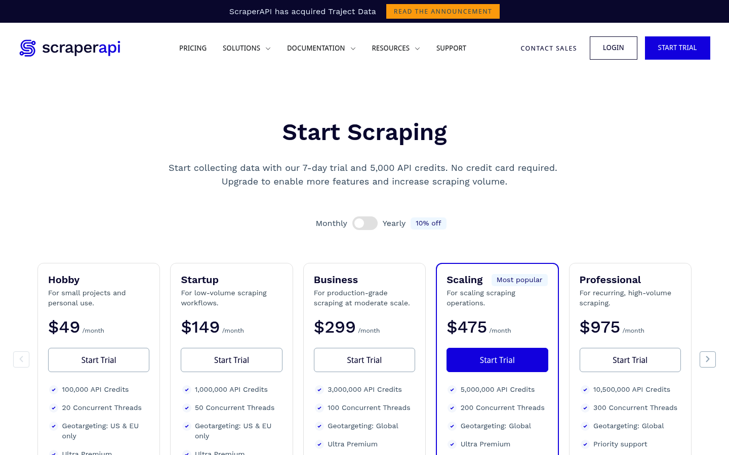 Screenshot of ScraperAPI's pricing page showing its plans and prices