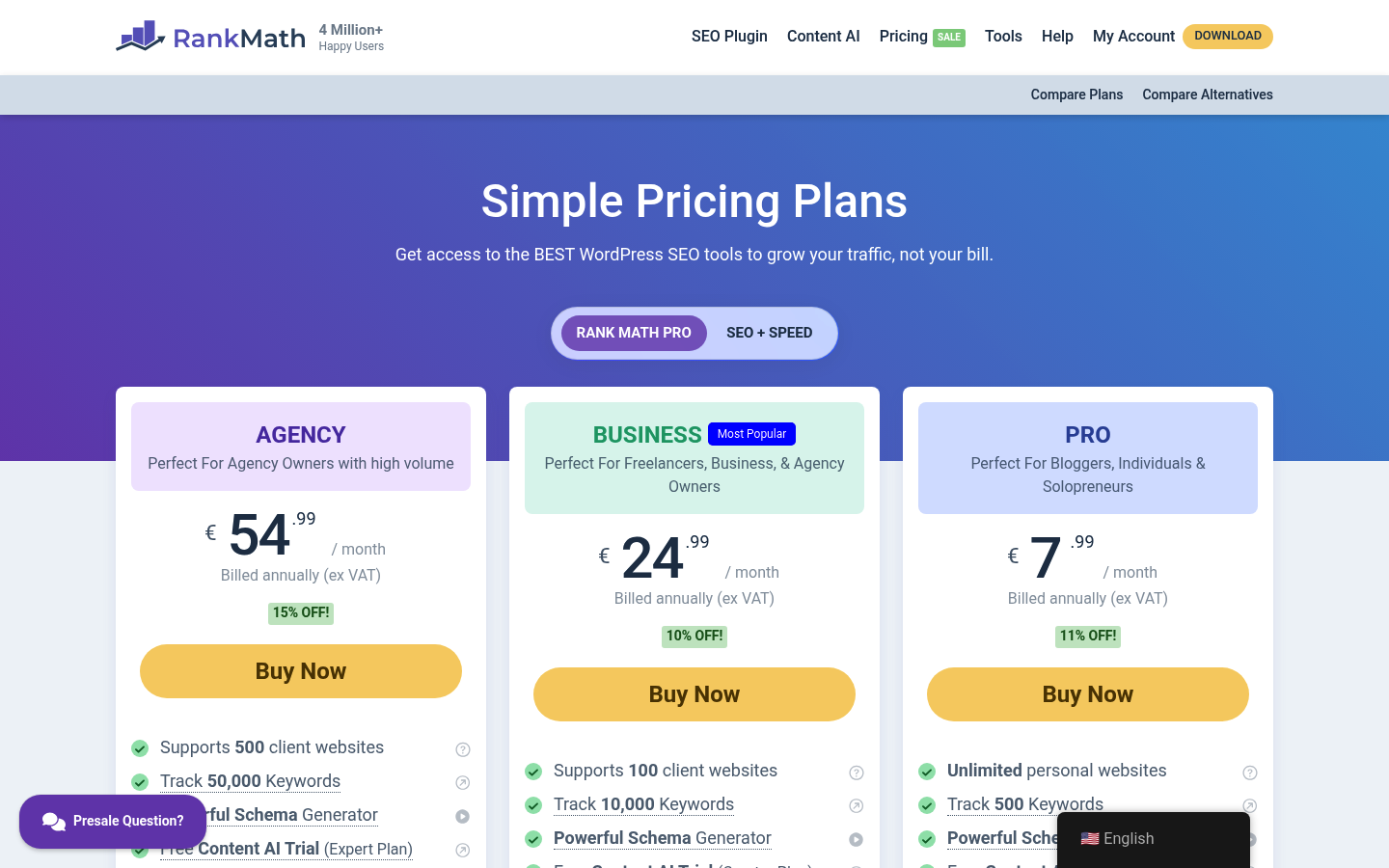 Screenshot of Rank Math's pricing page showing its plans and prices