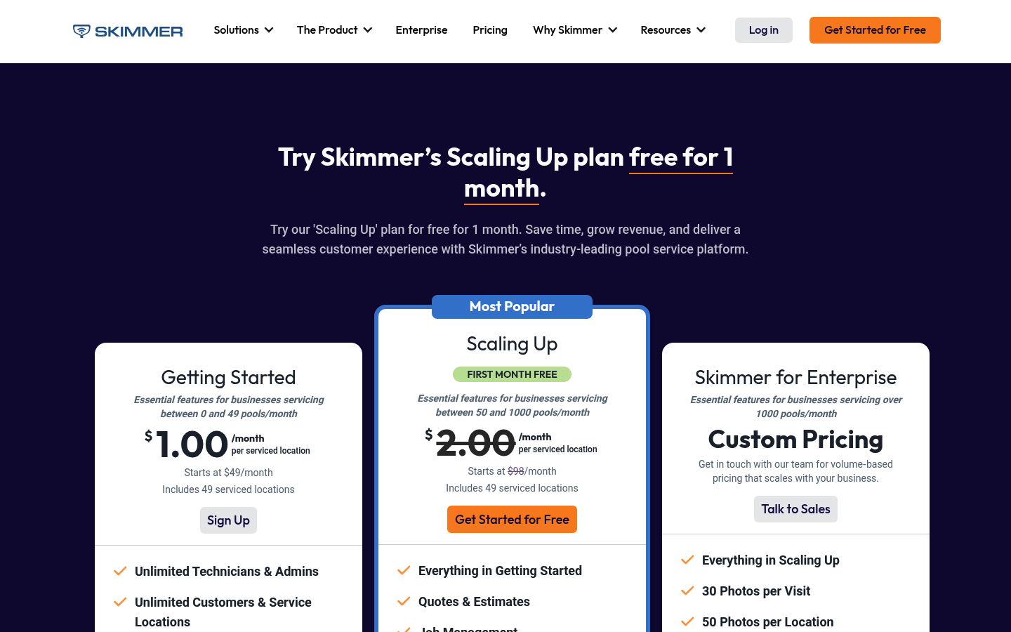 Screenshot of Skimmer's pricing page showing its plans and prices