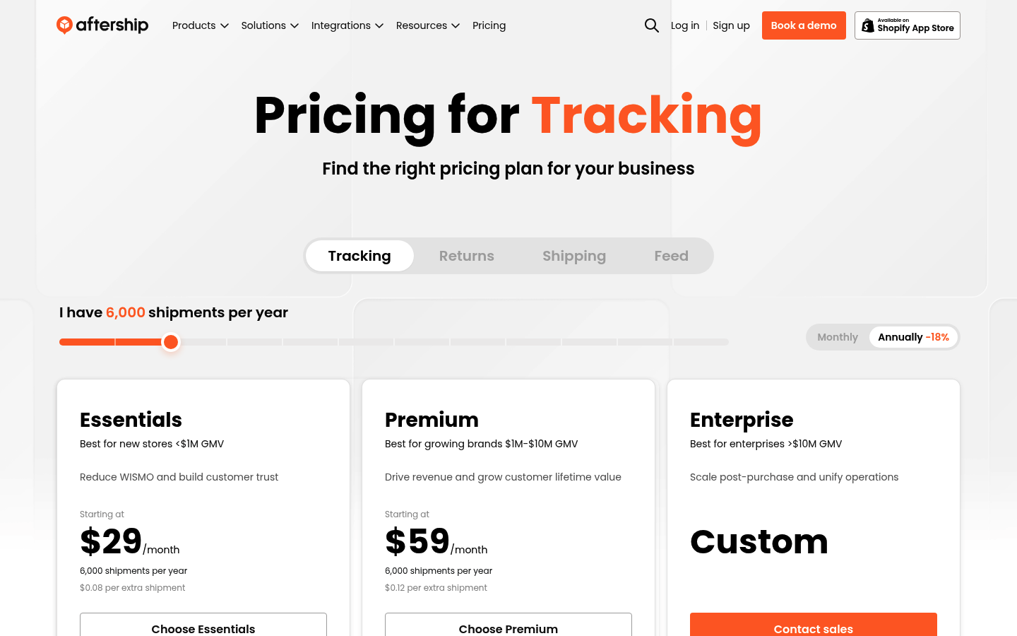 Screenshot of AfterShip's pricing page showing its plans and prices