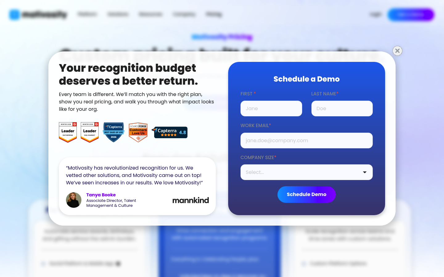 Screenshot of Motivosity's pricing page showing its plans and prices