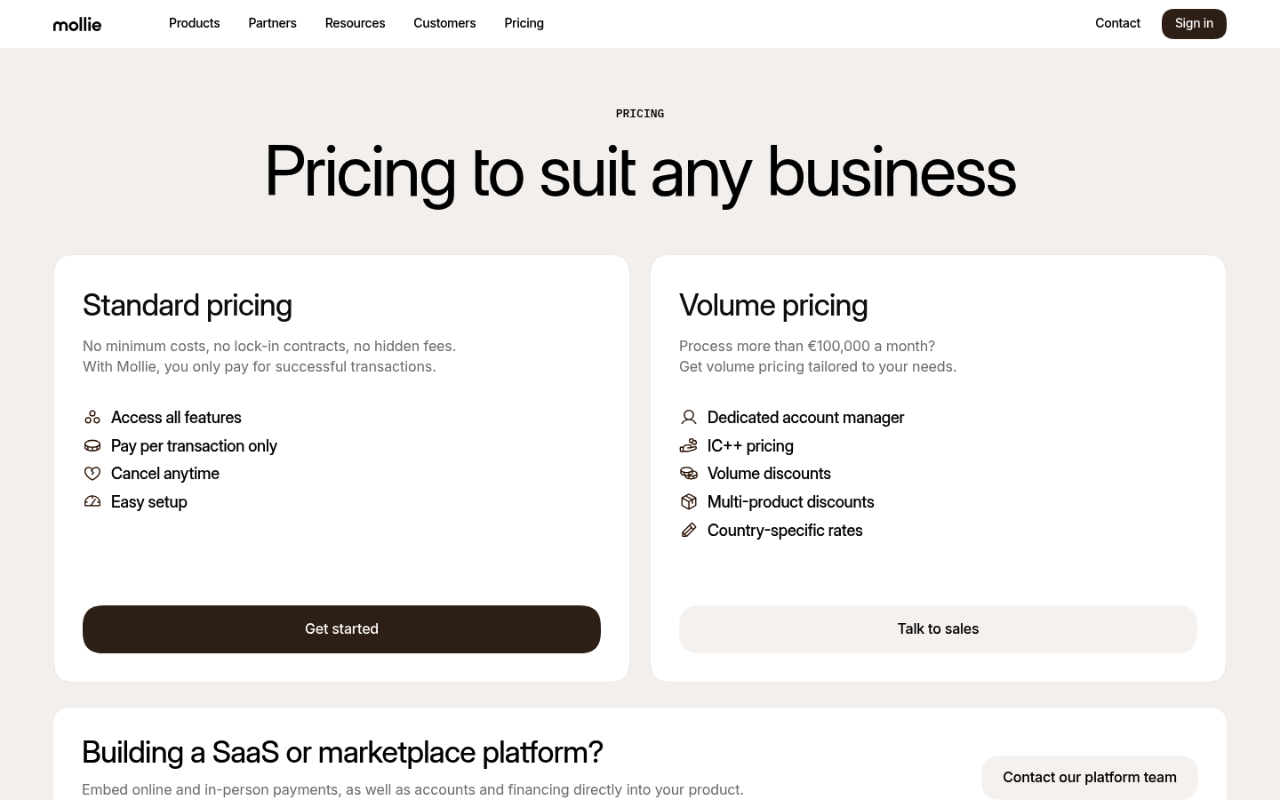 Screenshot of Mollie's pricing page showing its plans and prices