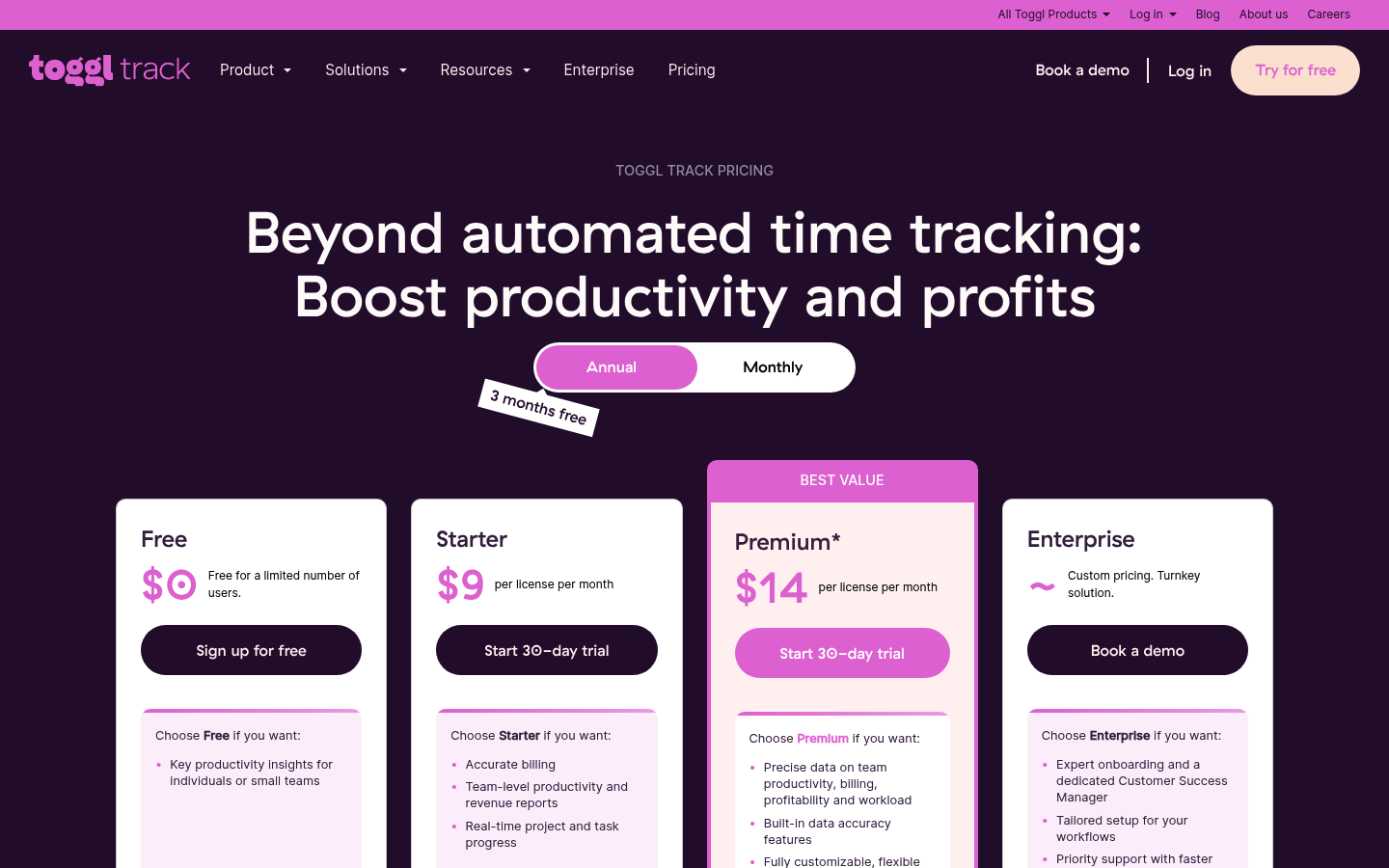 Screenshot of Toggl Track's pricing page showing its plans and prices