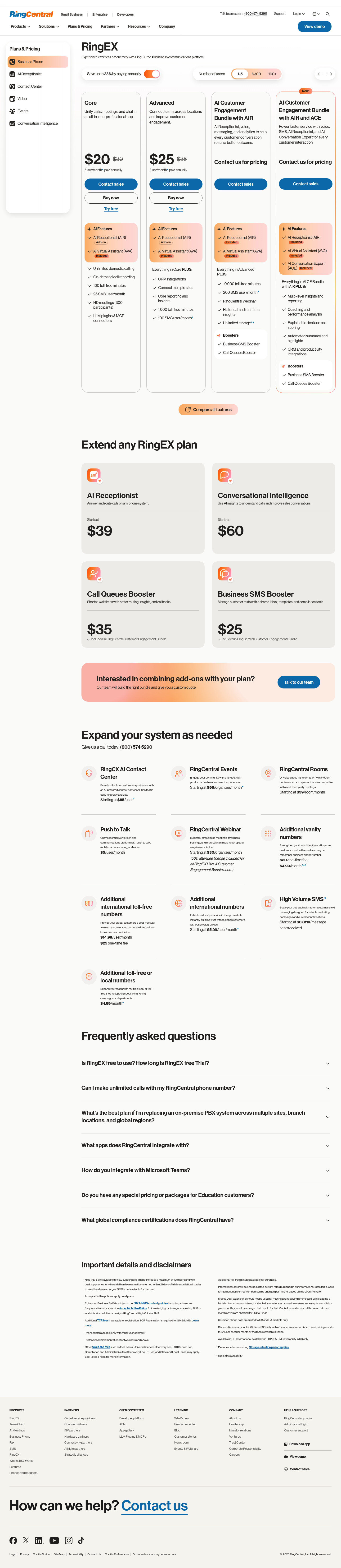 Screenshot of RingCentral's pricing page showing its plans and prices