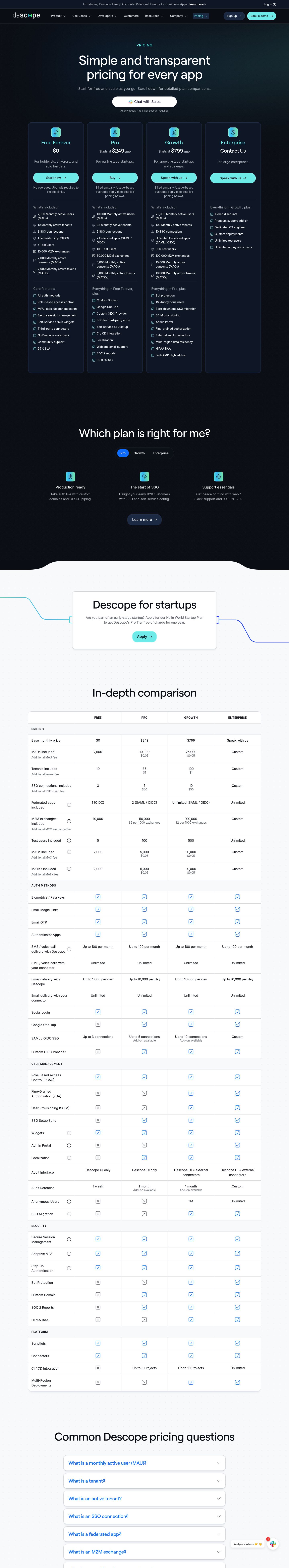 Screenshot of Descope's pricing page showing its plans and prices