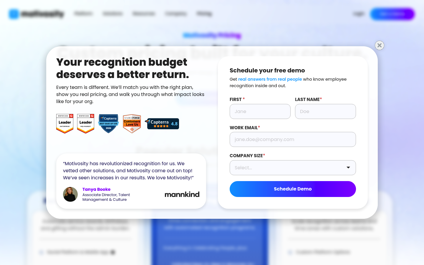 Screenshot of Motivosity's pricing page showing its plans and prices