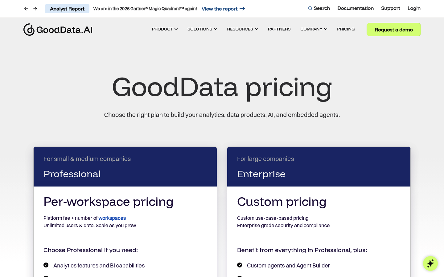 Screenshot of GoodData's pricing page showing its plans and prices
