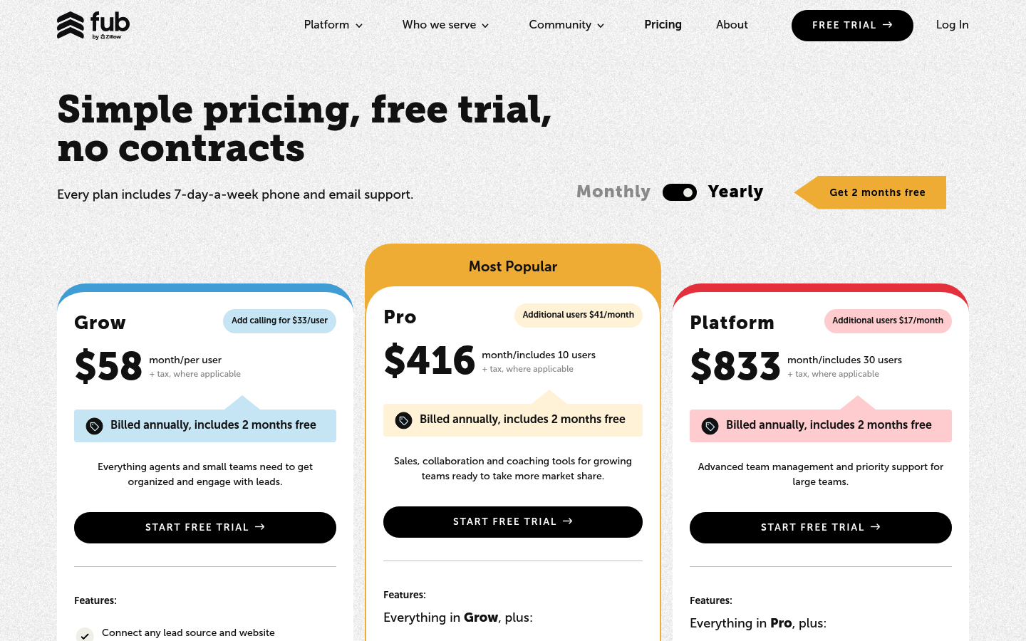 Screenshot of Follow Up Boss's pricing page showing its plans and prices