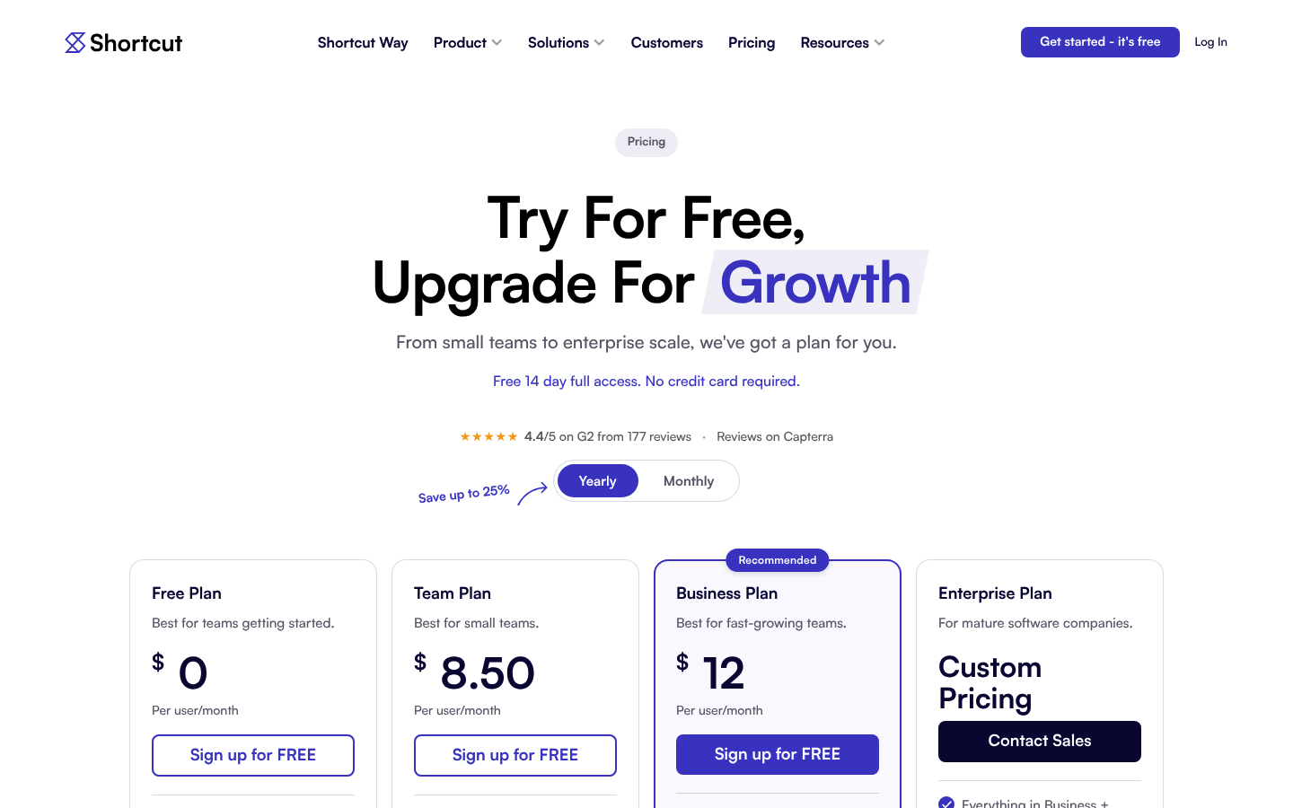 Screenshot of Shortcut's pricing page showing its plans and prices