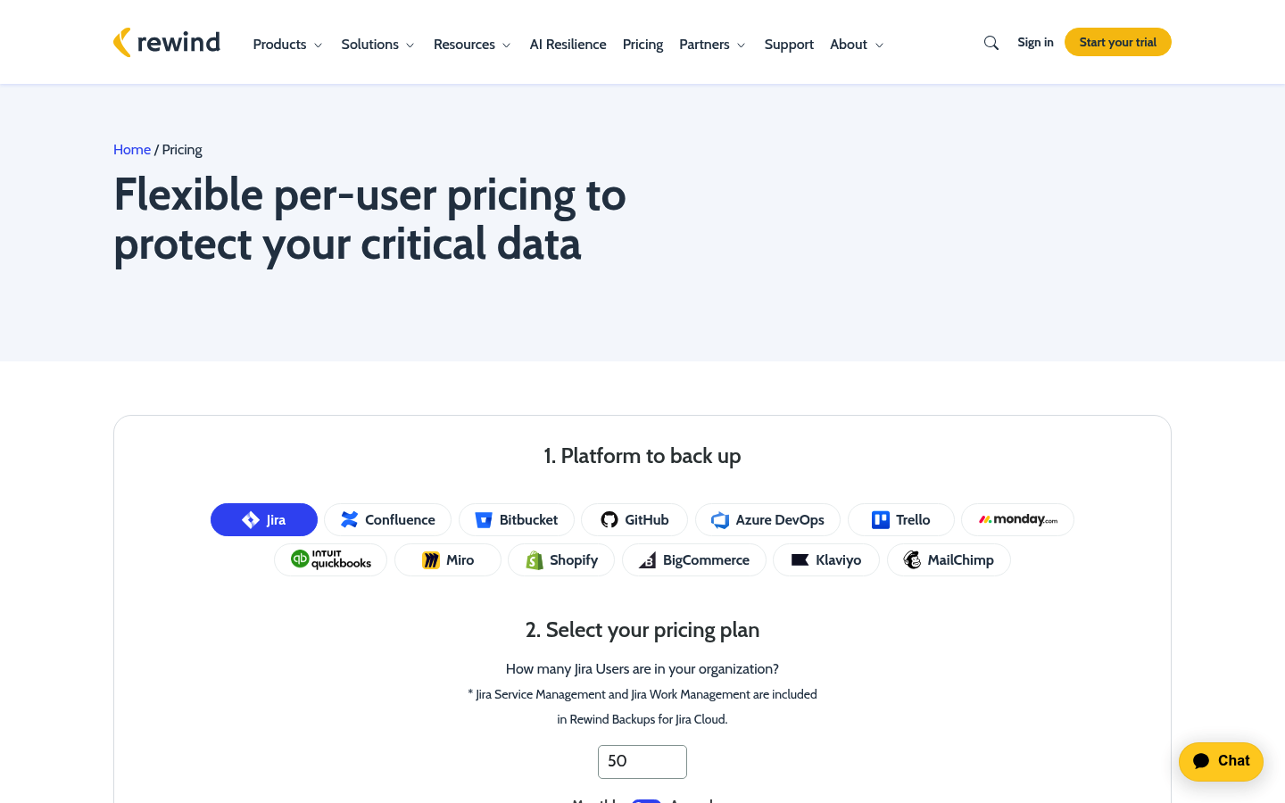 Screenshot of Rewind's pricing page showing its plans and prices