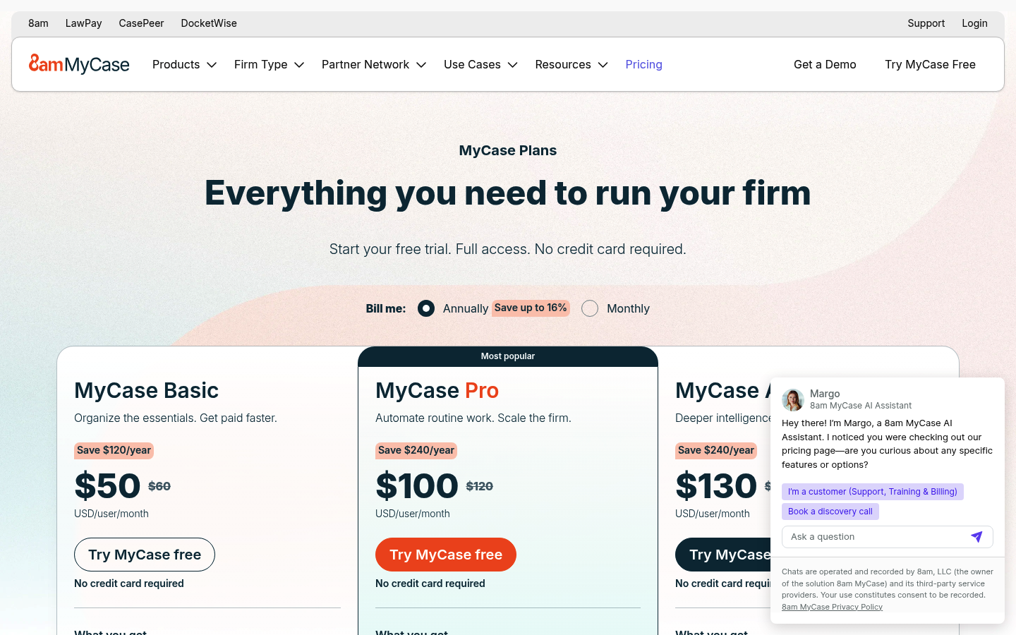 Screenshot of MyCase's pricing page showing its plans and prices