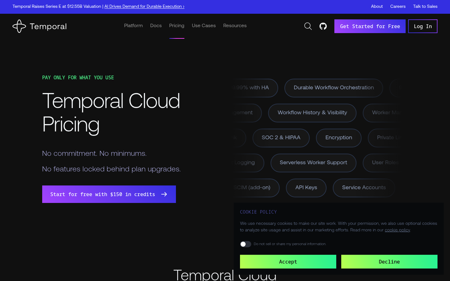 Screenshot of Temporal's pricing page showing its plans and prices