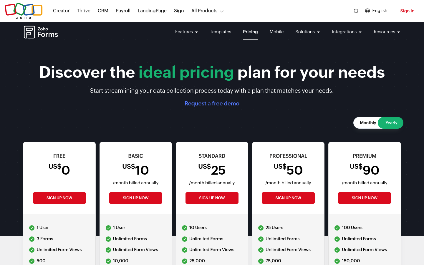 Screenshot of Zoho Forms's pricing page showing its plans and prices