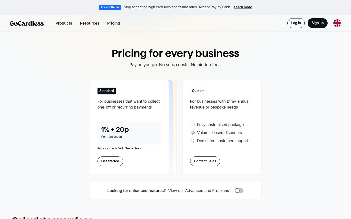 Screenshot of GoCardless's pricing page showing its plans and prices
