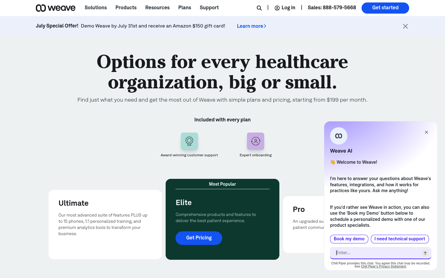 Screenshot of Weave's pricing page showing its plans and prices