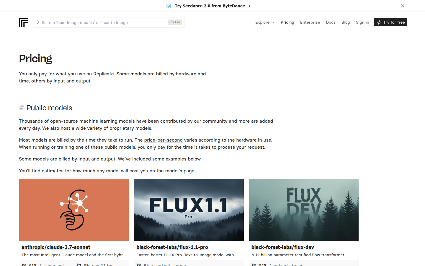 Screenshot of Replicate's pricing page showing its plans and prices