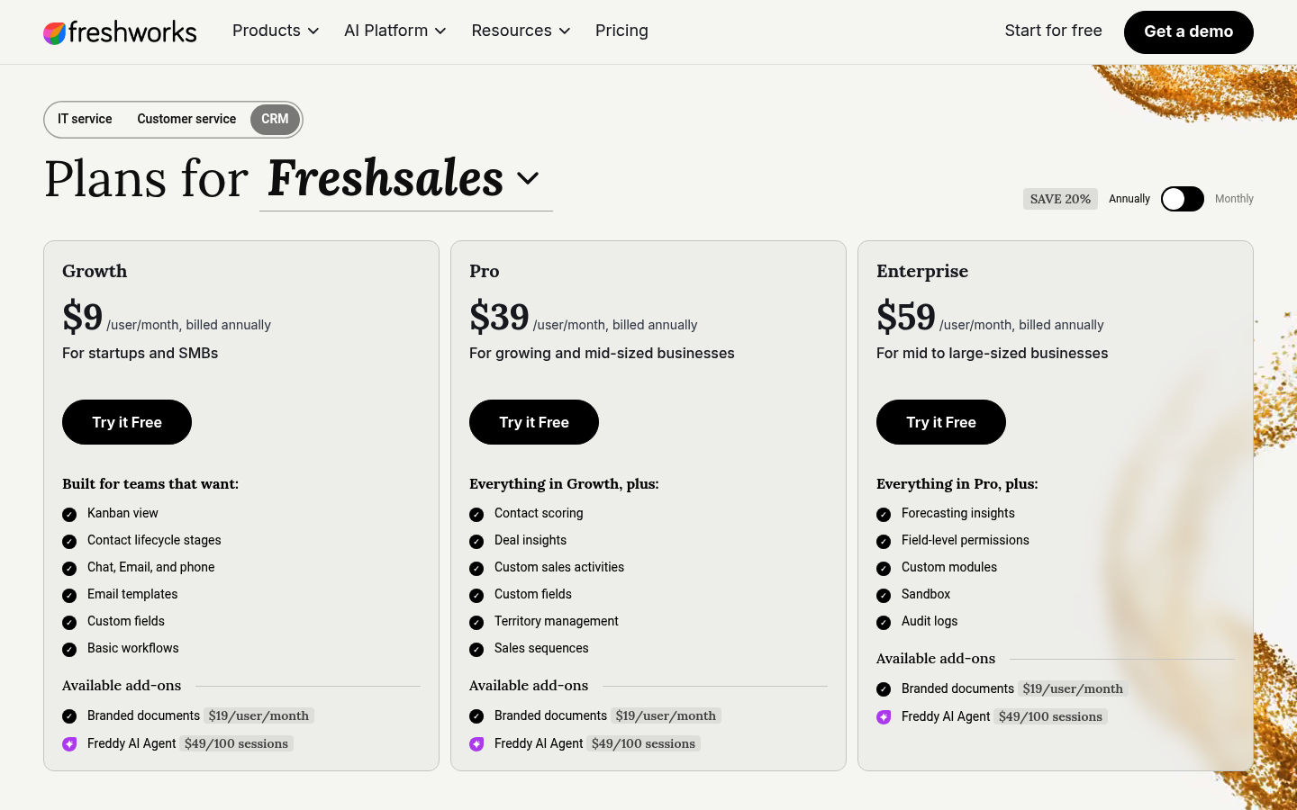 Screenshot of Freshsales's pricing page showing its plans and prices