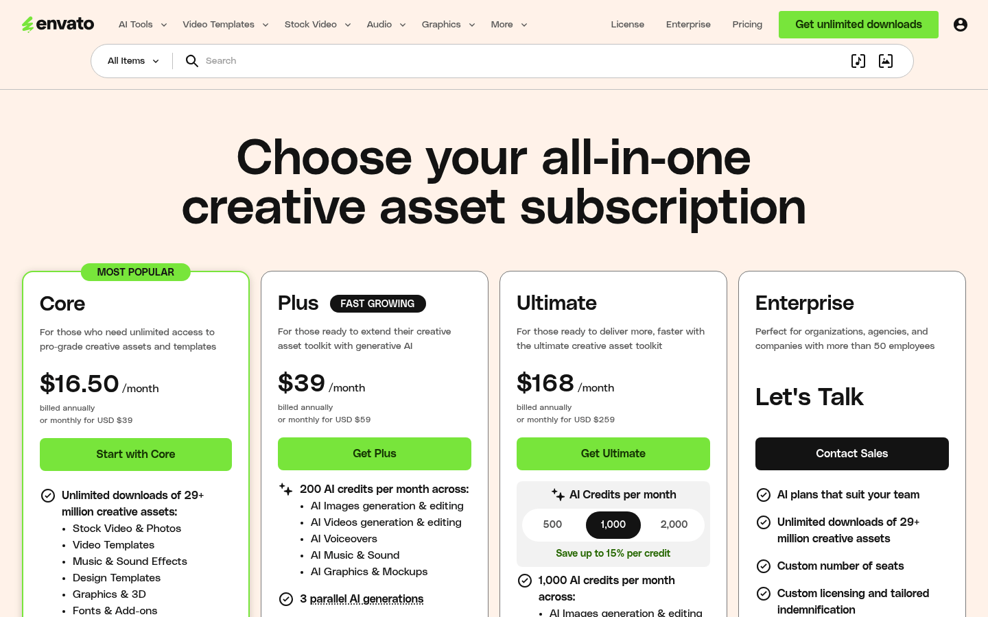 Screenshot of Envato's pricing page showing its plans and prices