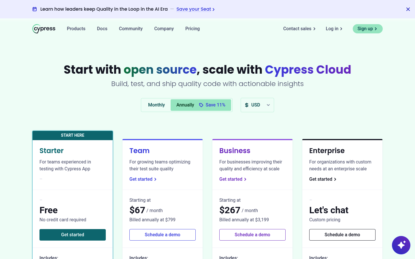 Screenshot of Cypress Cloud's pricing page showing its plans and prices