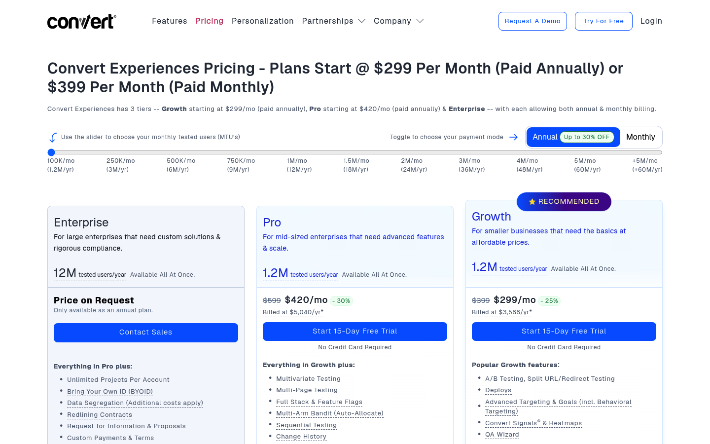 Screenshot of Convert's pricing page showing its plans and prices