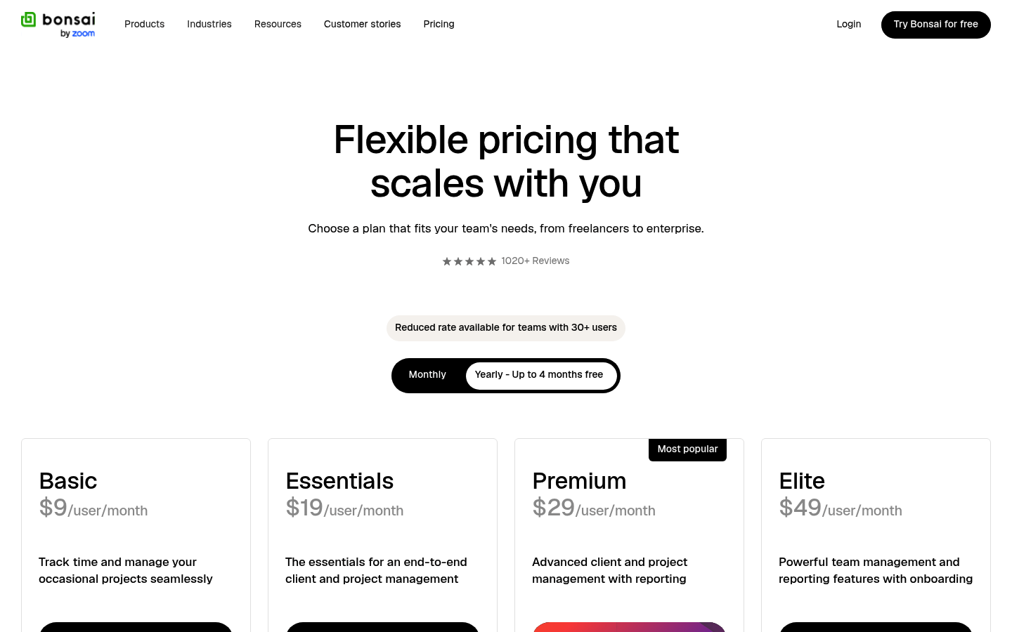 Screenshot of Bonsai's pricing page showing its plans and prices