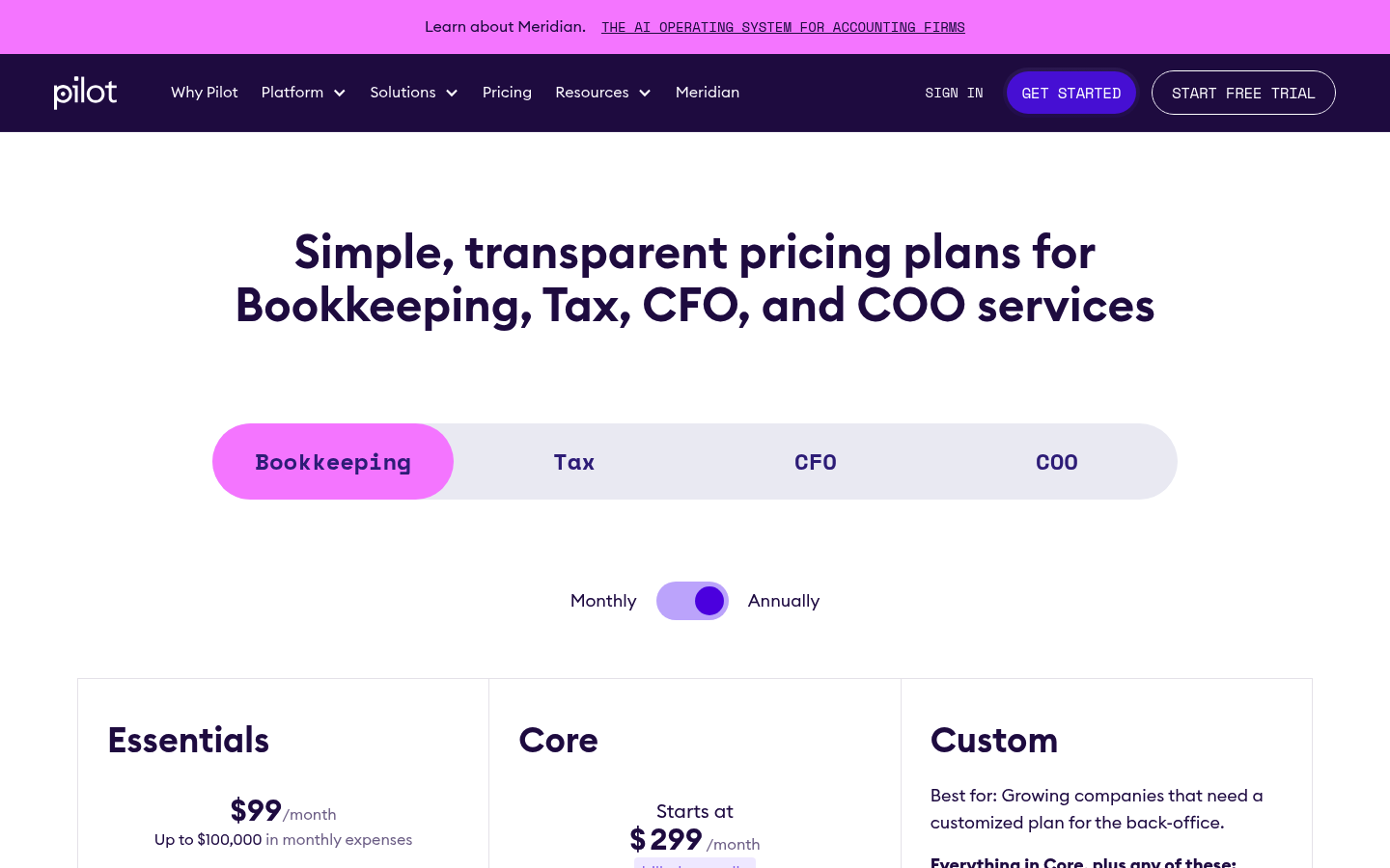 Screenshot of Pilot's pricing page showing its plans and prices
