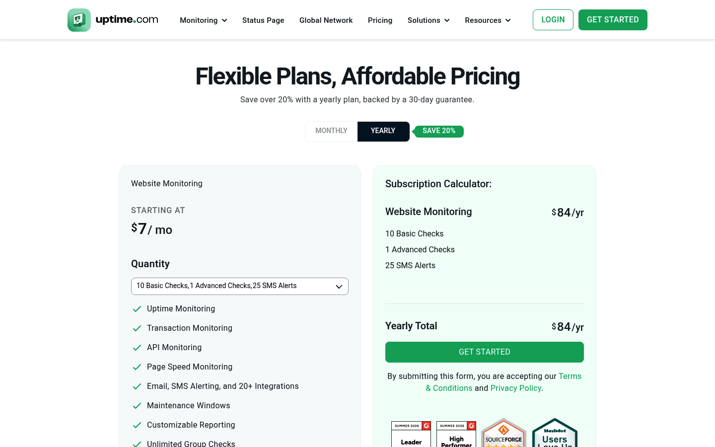 Screenshot of Uptime.com's pricing page showing its plans and prices