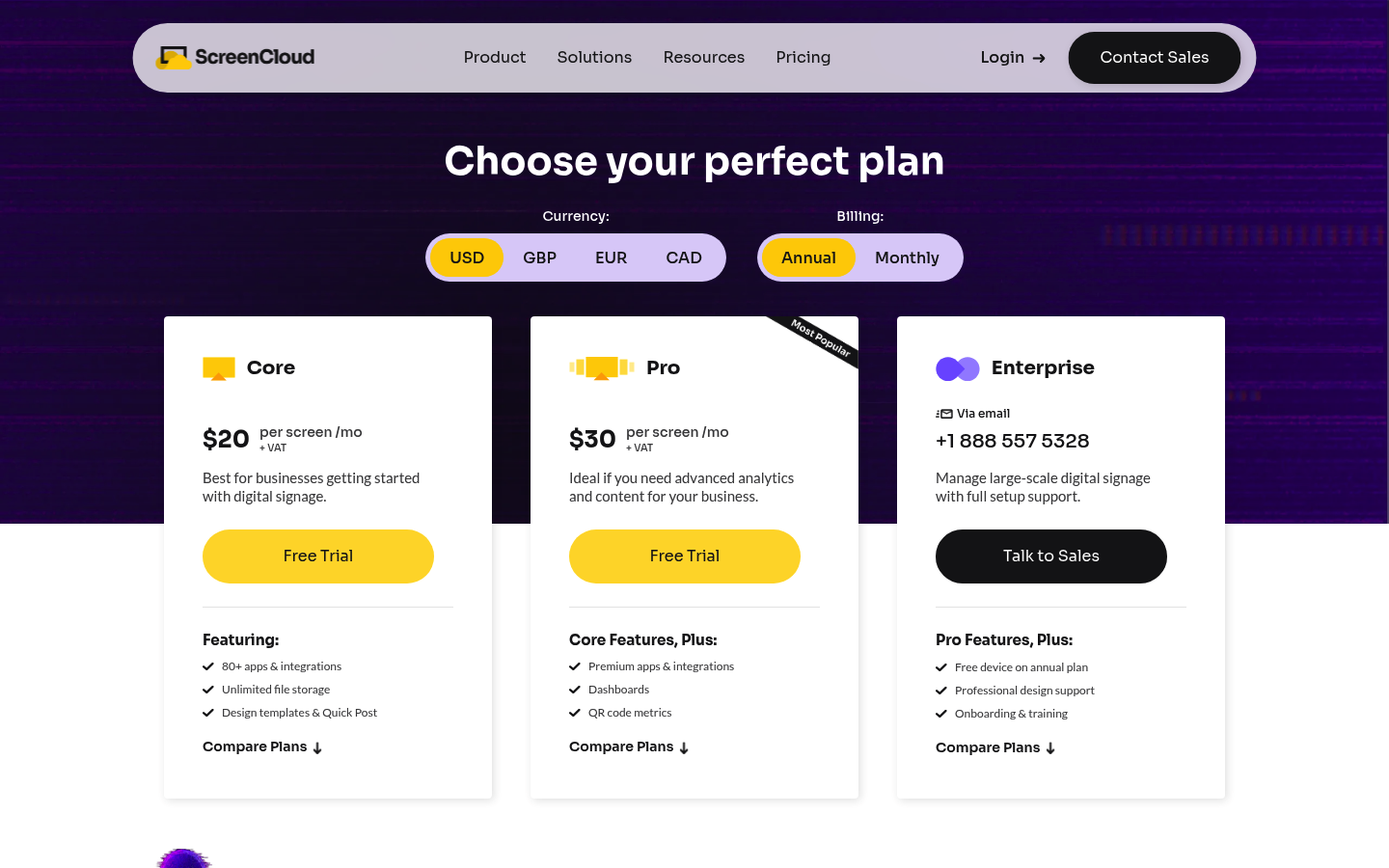 Screenshot of ScreenCloud's pricing page showing its plans and prices