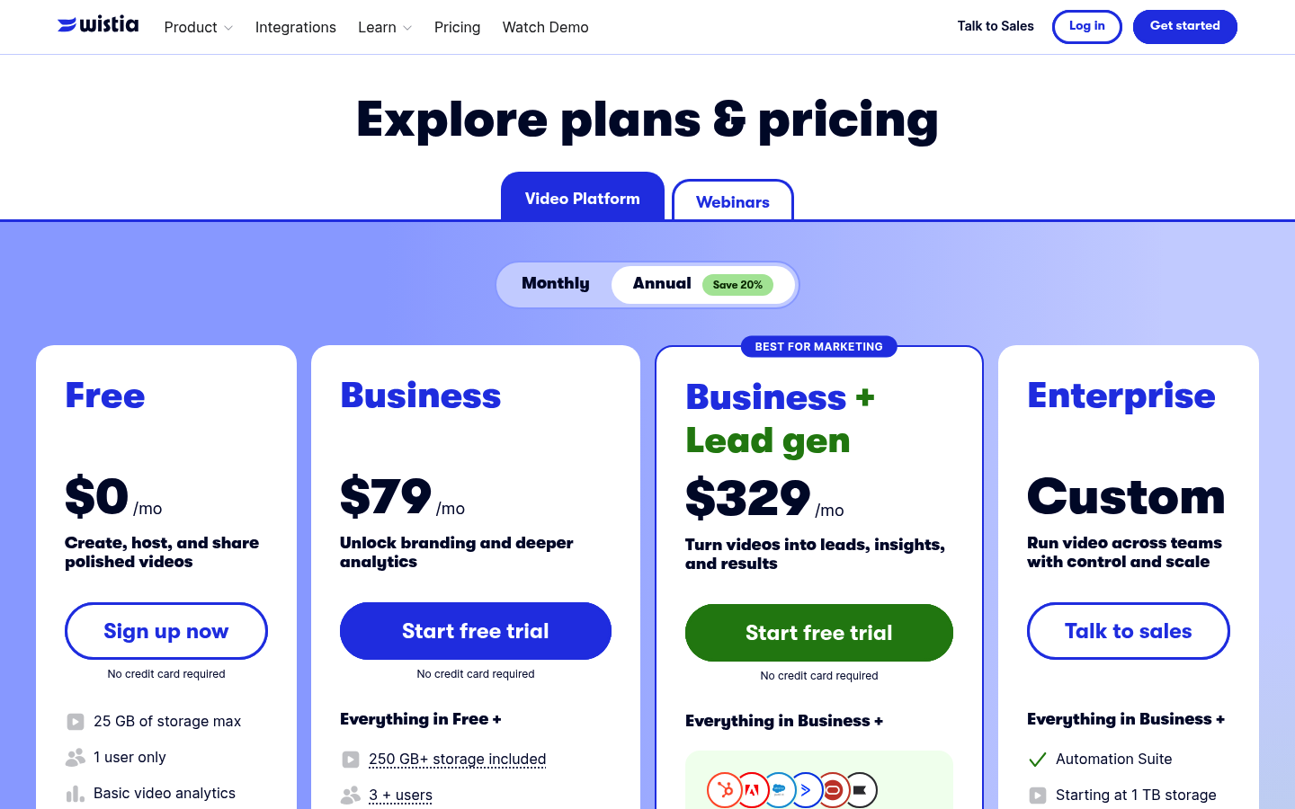 Screenshot of Wistia's pricing page showing its plans and prices