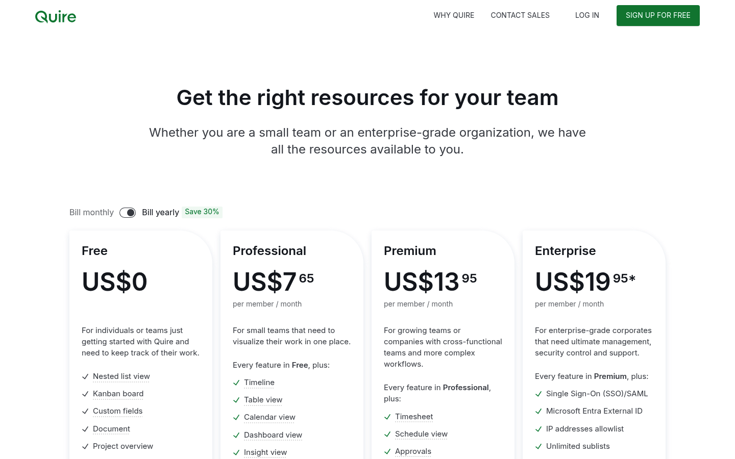 Screenshot of Quire's pricing page showing its plans and prices