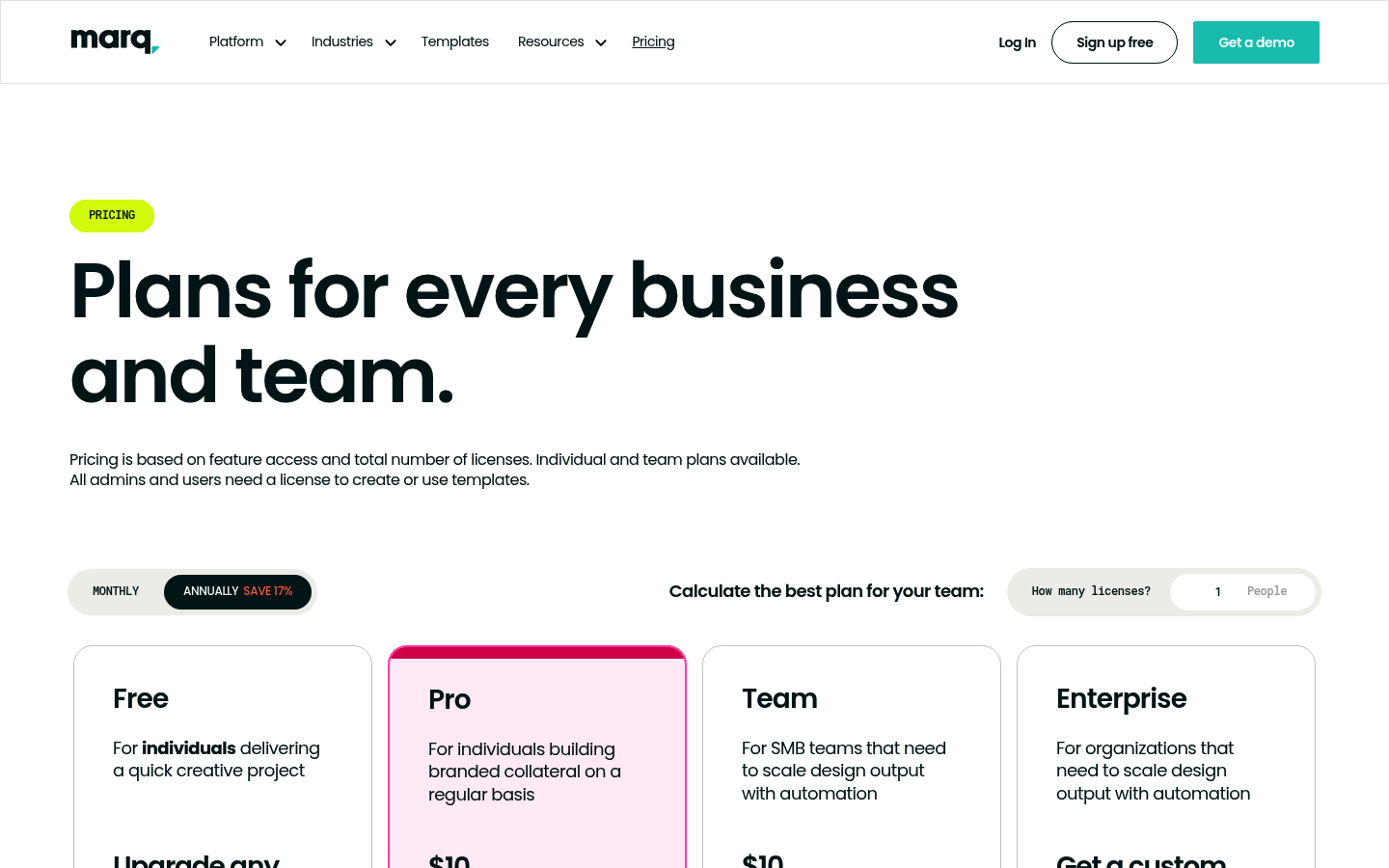 Screenshot of Marq's pricing page showing its plans and prices